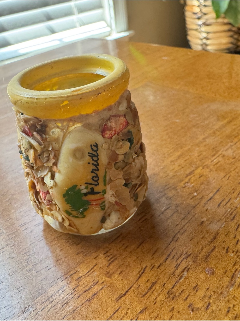 Vintage Florida Seashell Decorative Glass Toothpick Holder- Yellow